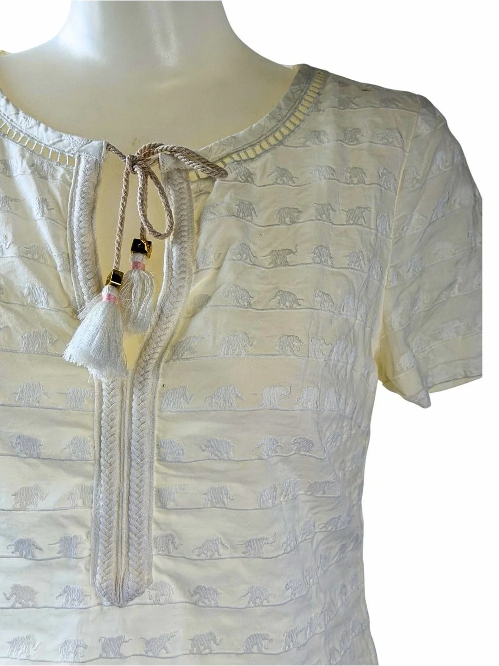 Tory Burch Cream Embroidered Tassel Tie Tunic Top Size 2